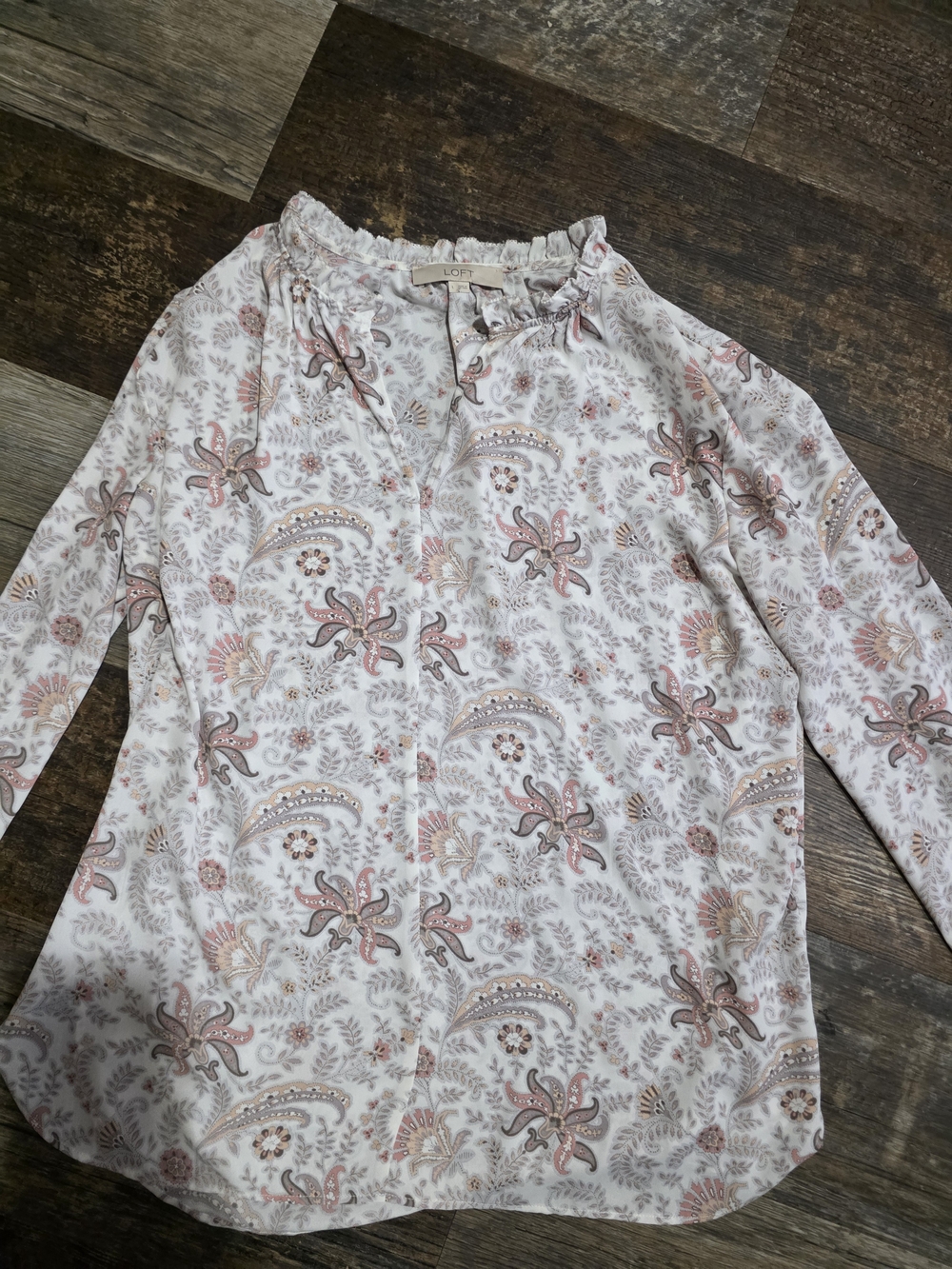 LOFT Cream Blouse with Pink Paisley Print